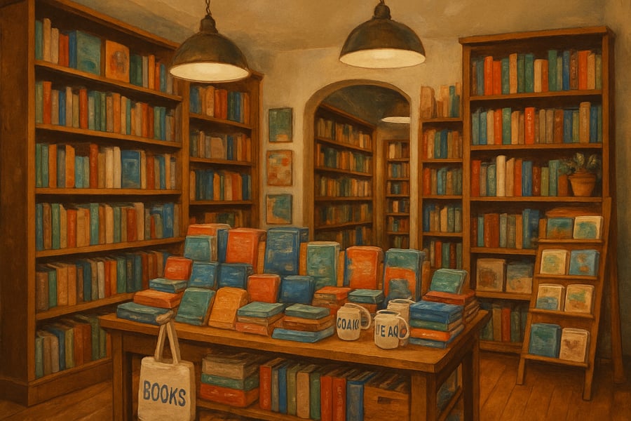 Cozy bookshop with books and merchandise on display