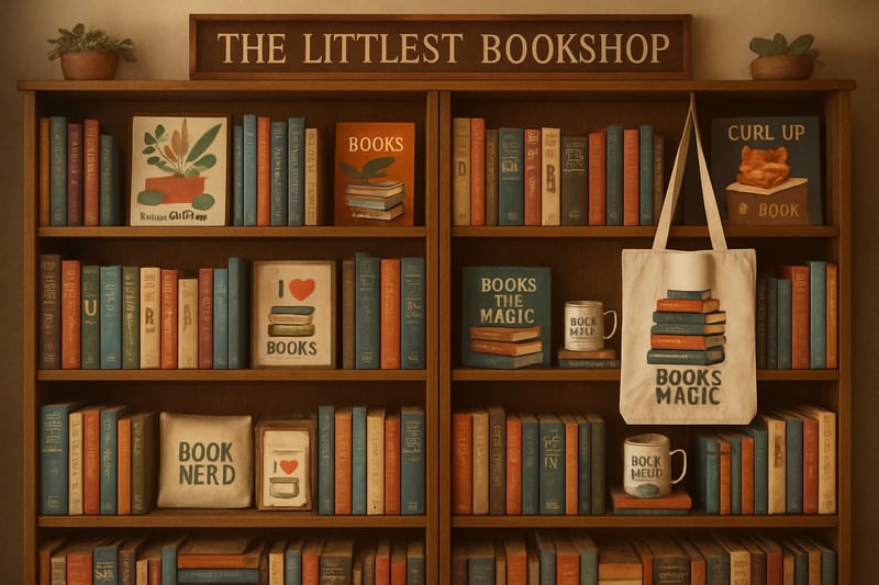 Cozy shelves filled with books and book-themed merchandise at The Littlest Bookshop