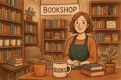 Illustration of a cozy bookshop corner with books, mugs, and friendly staff.