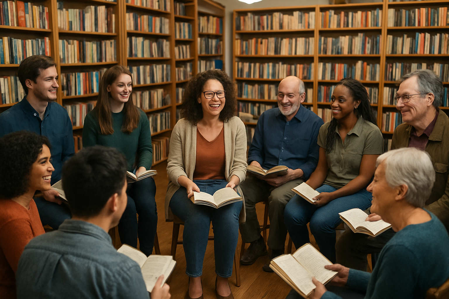 A community event at the bookshop with people gathered for a book club discussion.