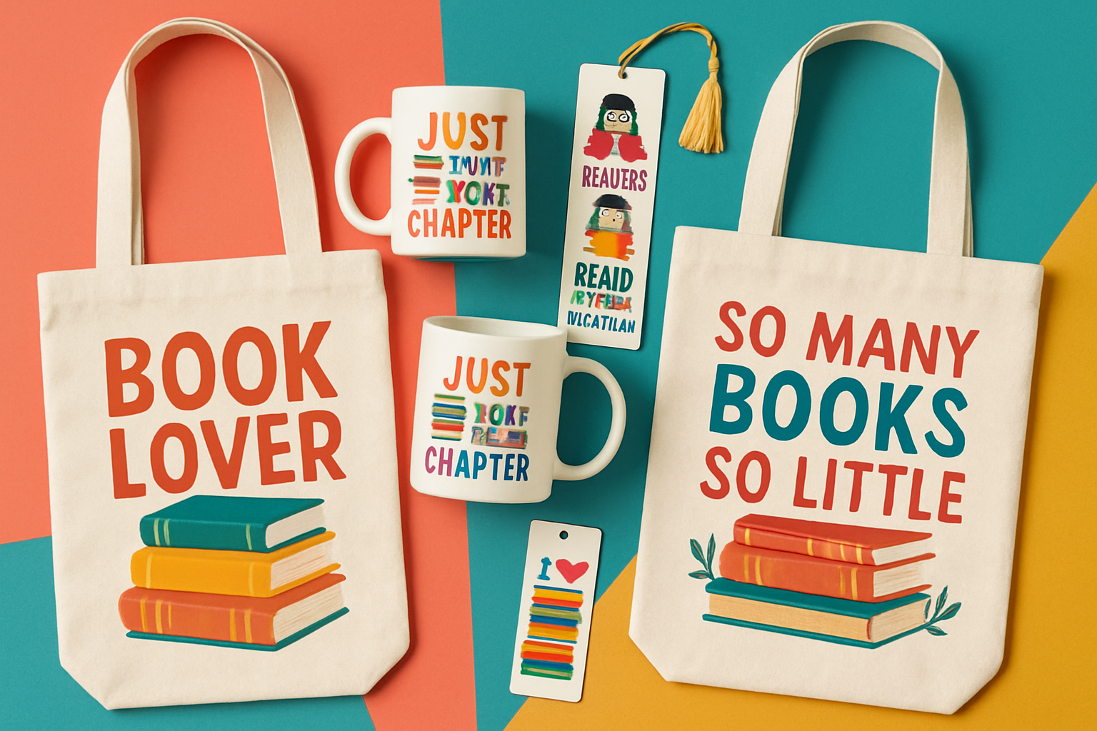 Book-themed merchandise such as tote bags, mugs, and bookmarks displayed in a colorful arrangement.